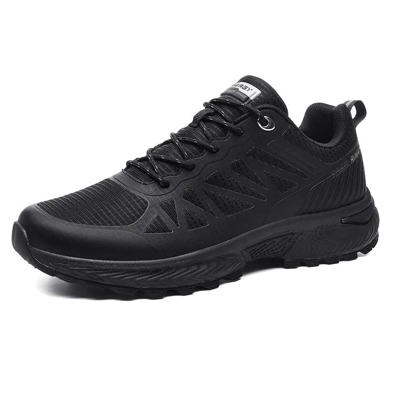 Men's black breathable mesh running shoe with lace-up front and round toe, shown on a white background.