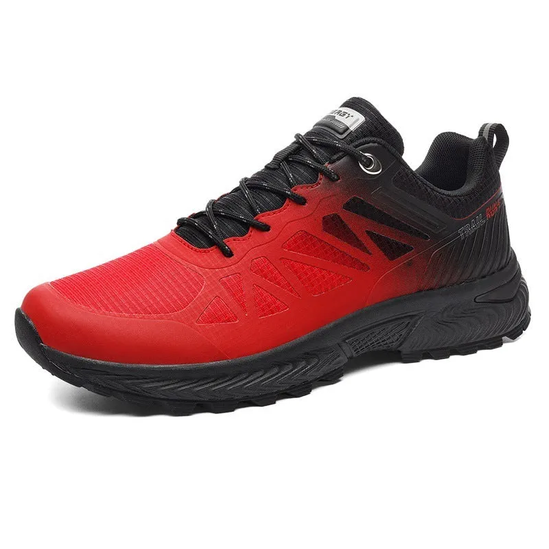 Men's black breathable mesh running shoe with lace-up front and round toe, shown on a white background.