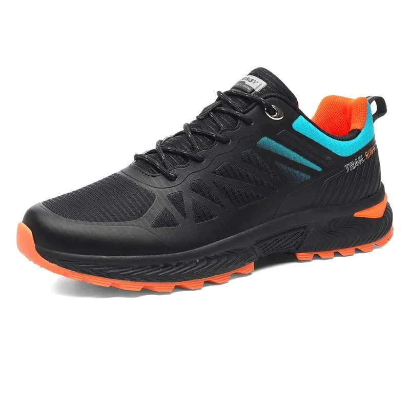 Men's black breathable mesh running shoe with lace-up front and round toe, shown on a white background.