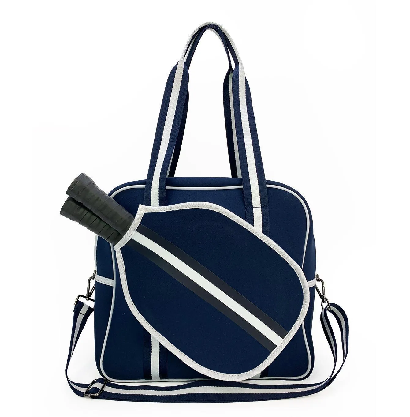Fashion striped diving cloth tennis pack in horizontal square shape with single shoulder strap, available in multiple colours