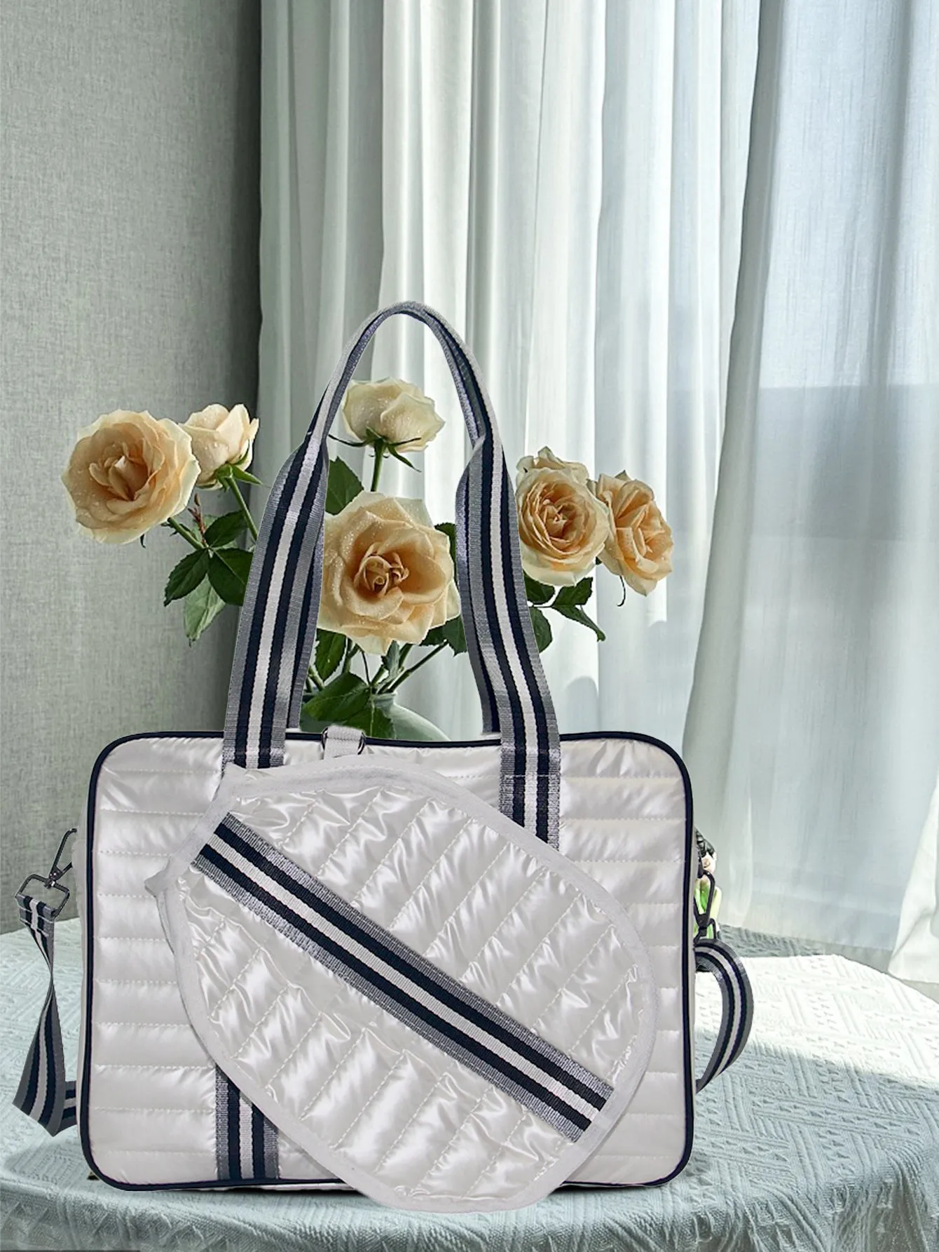 Fashion striped diving cloth tennis pack in horizontal square shape with single shoulder strap, available in multiple colours