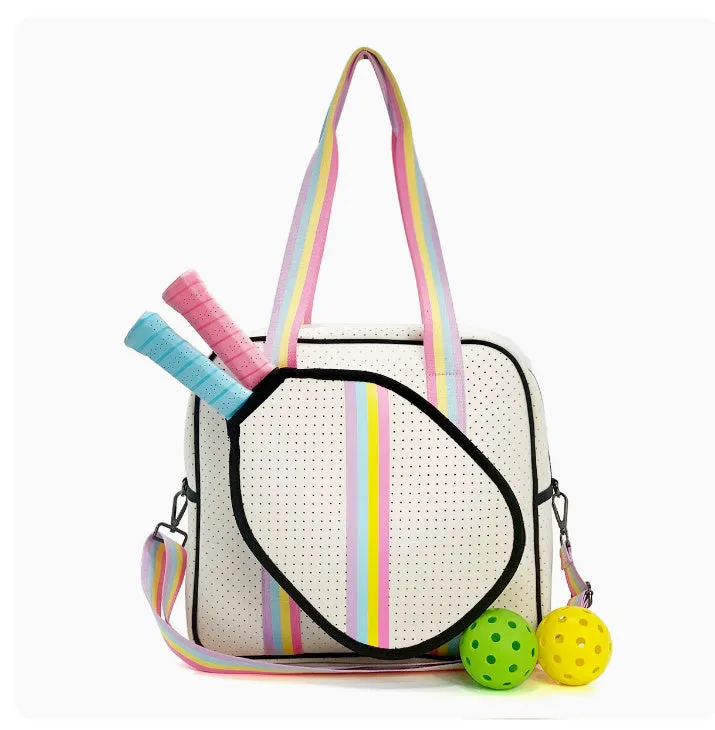 Fashion striped diving cloth tennis pack in horizontal square shape with single shoulder strap, available in multiple colours