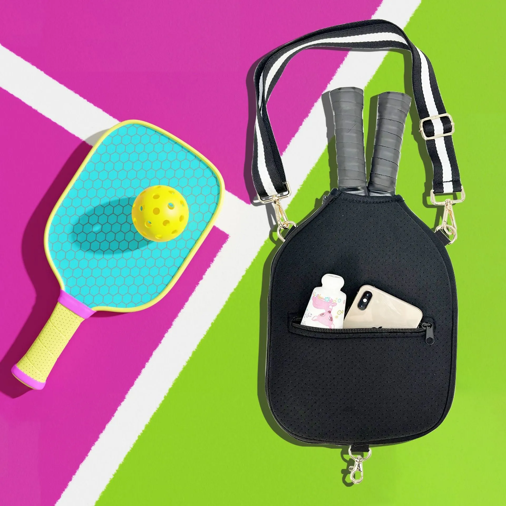 Fashion striped diving cloth tennis pack in horizontal square shape with single shoulder strap, available in multiple colours