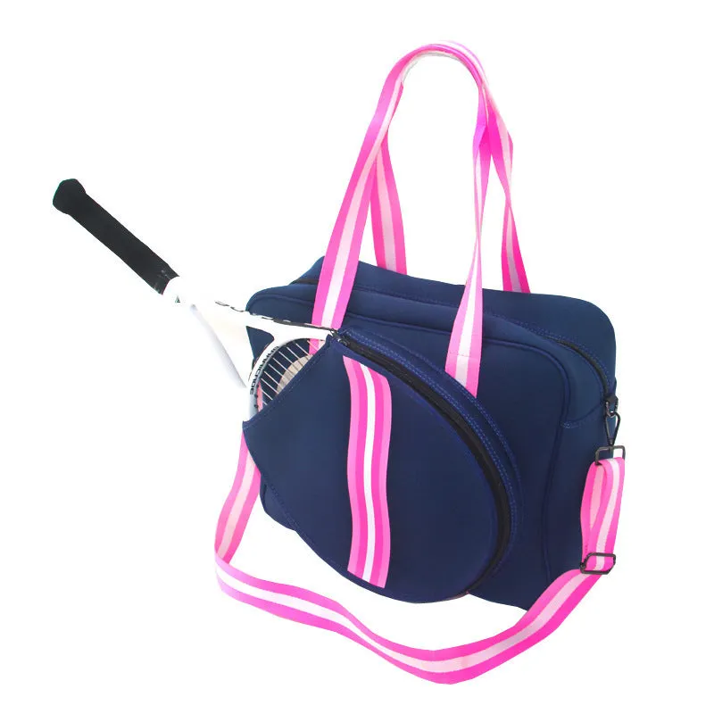 Fashion striped diving cloth tennis pack in horizontal square shape with single shoulder strap, available in multiple colours