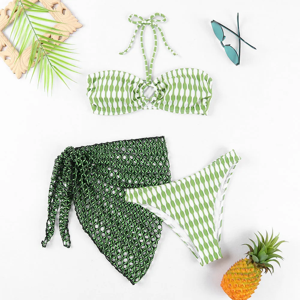 Women's striped three-piece swimsuit set with tube top, shorts, and waist skirt hem