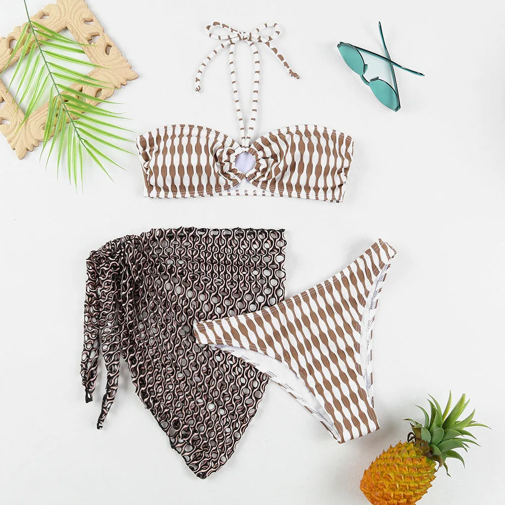 Women's striped three-piece swimsuit set with tube top, shorts, and waist skirt hem