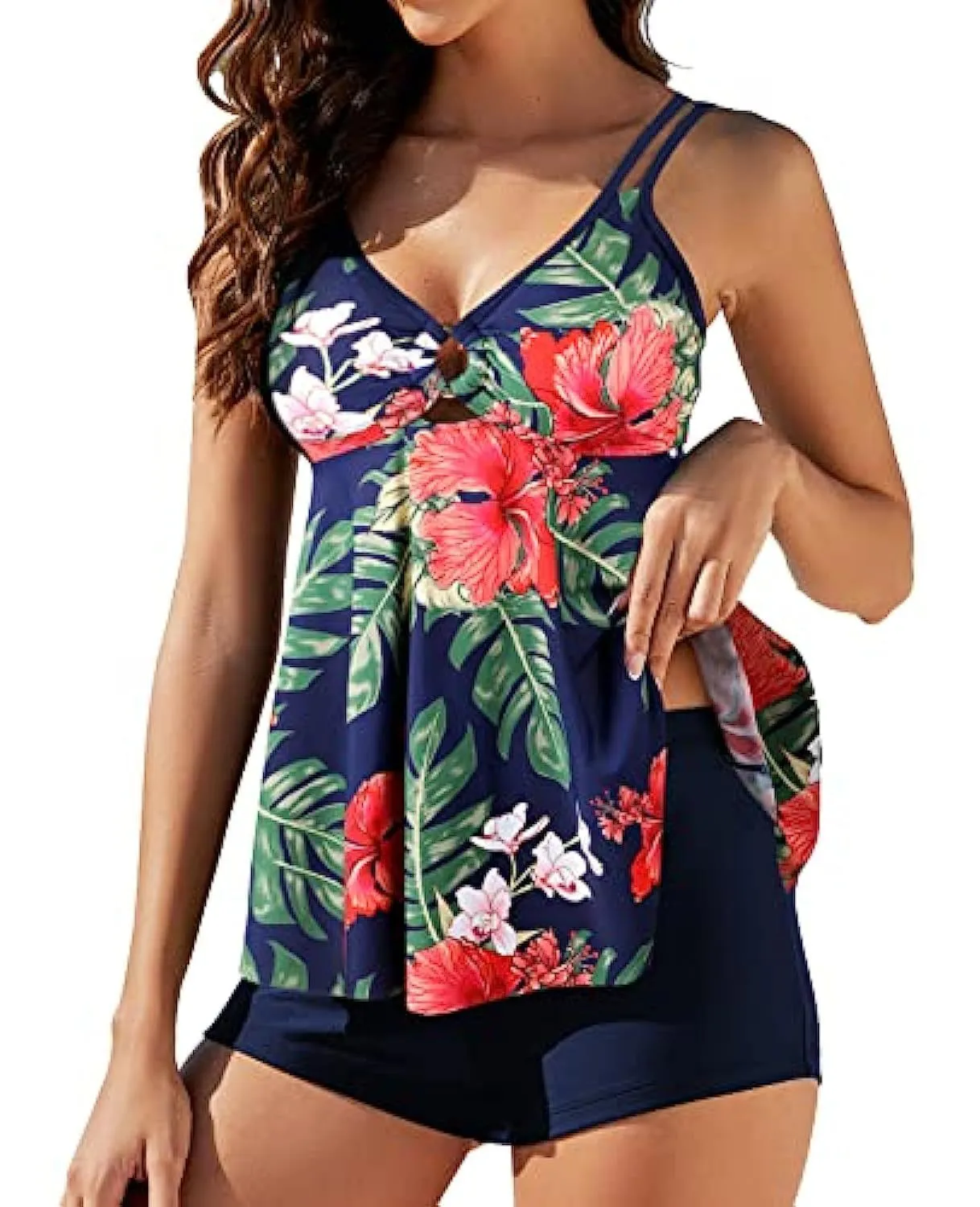 Plus size two-piece printed swimsuit set with suspender skirt and boxer bikini in black showing high waist and triangle top.