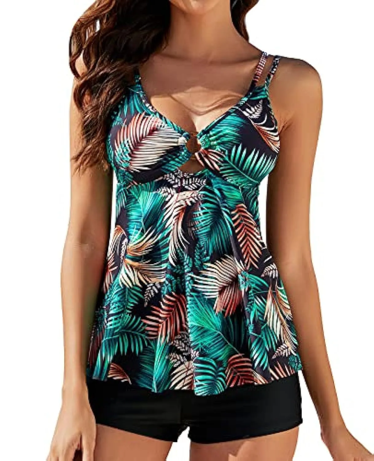 Plus size two-piece printed swimsuit set with suspender skirt and boxer bikini in black showing high waist and triangle top.
