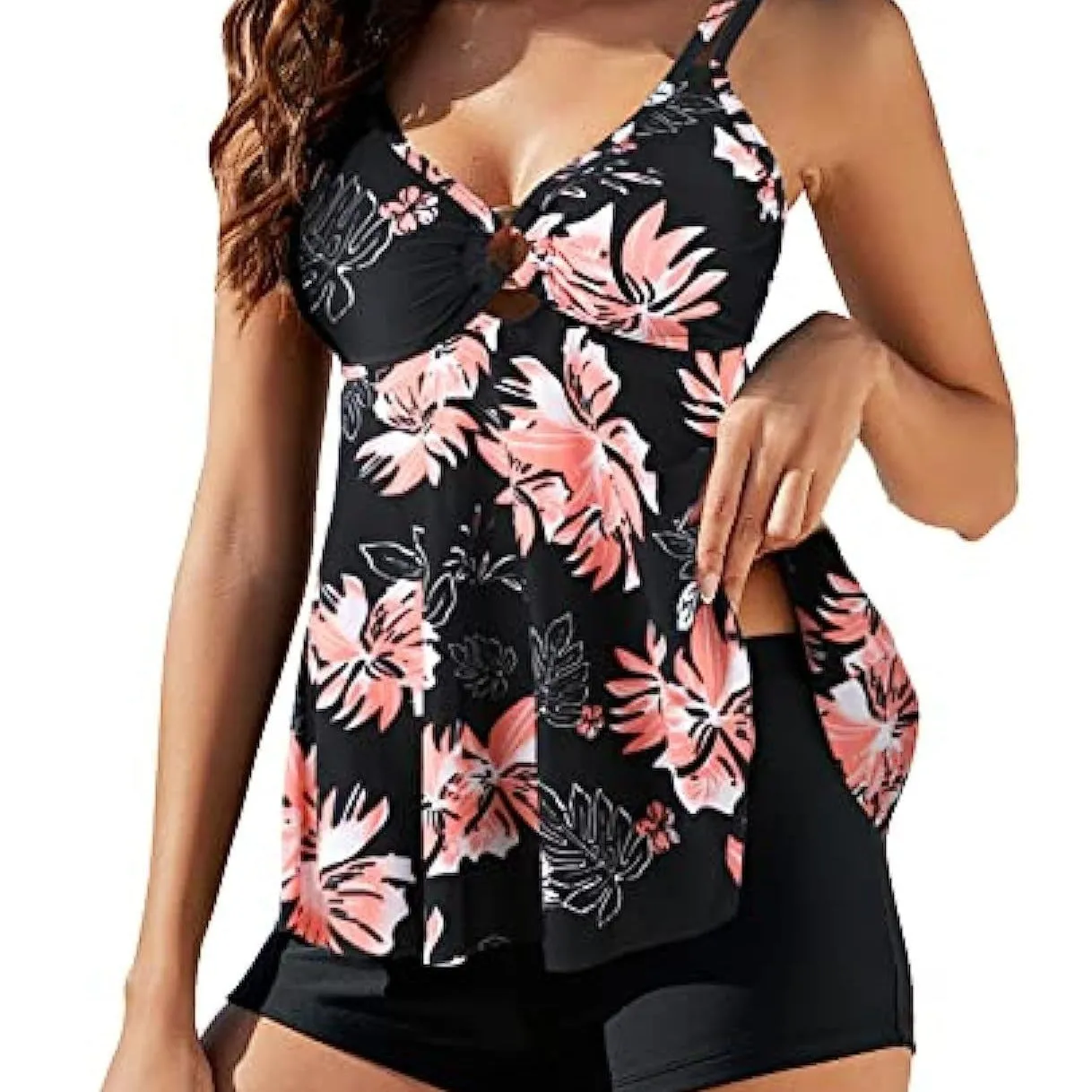 Plus size two-piece printed swimsuit set with suspender skirt and boxer bikini in black showing high waist and triangle top.