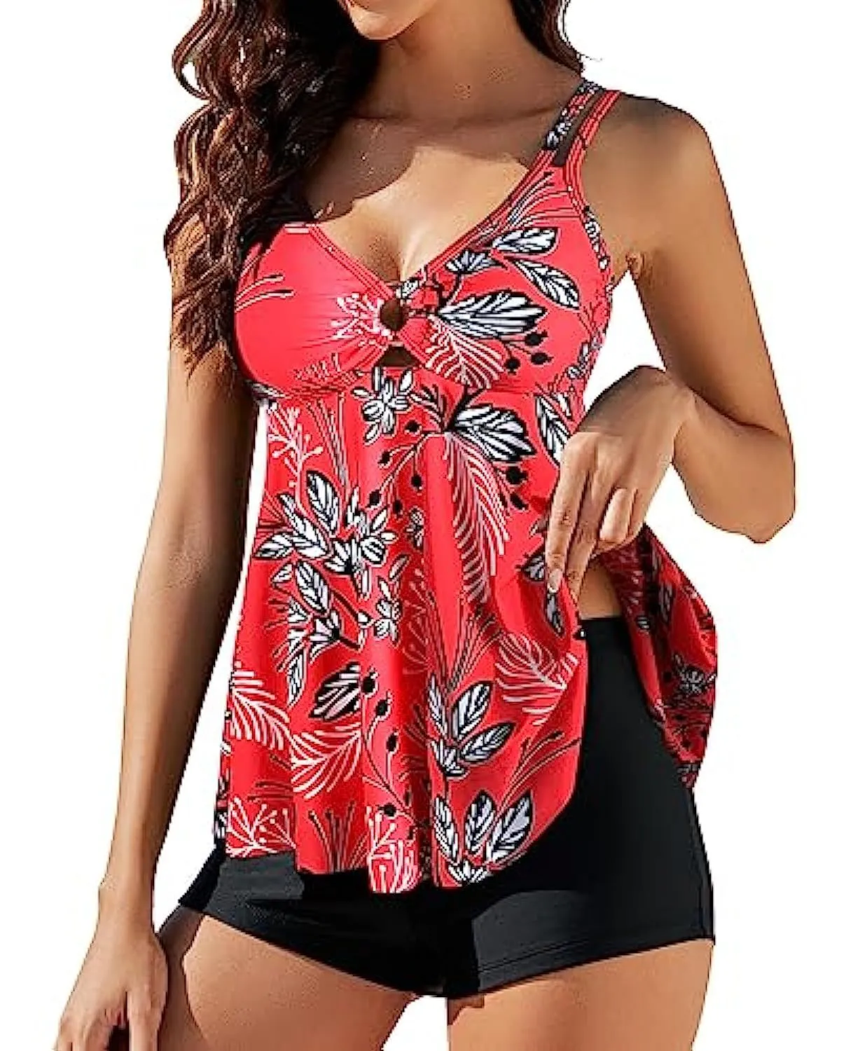 Plus size two-piece printed swimsuit set with suspender skirt and boxer bikini in black showing high waist and triangle top.