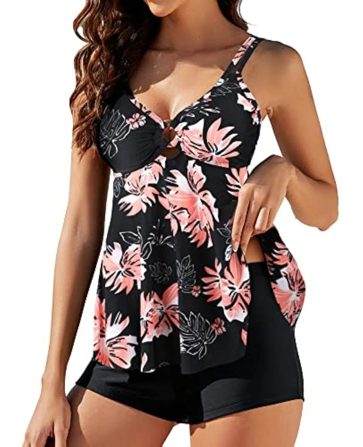Plus size two-piece printed swimsuit set with suspender skirt and boxer bikini in black showing high waist and triangle top.