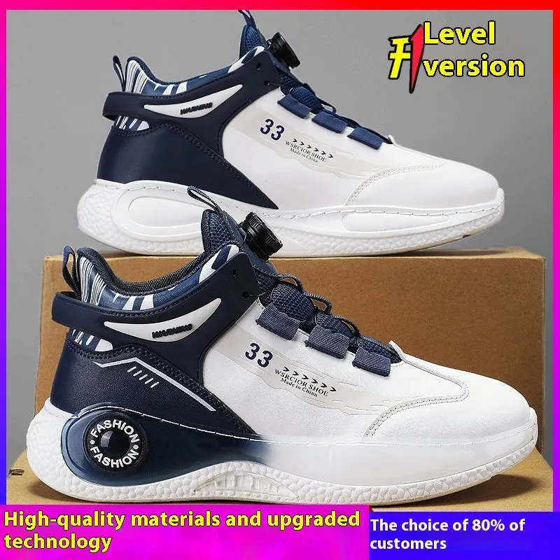 Men's mid-top casual sports running shoes with rotating button lacing, PU mesh upper, rubber sole, available in multiple colours