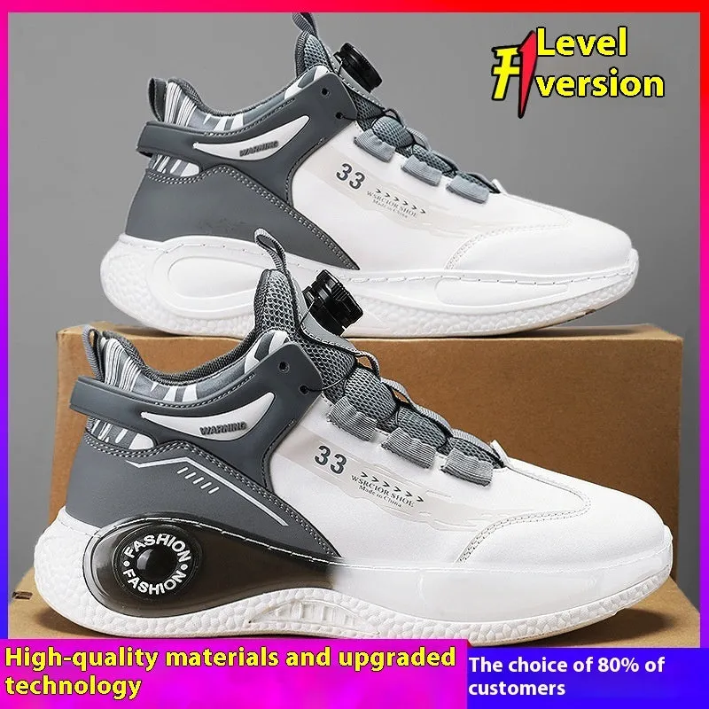 Men's mid-top casual sports running shoes with rotating button lacing, PU mesh upper, rubber sole, available in multiple colours