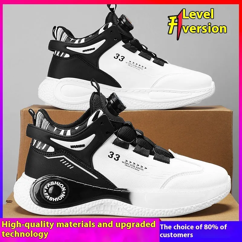 Men's mid-top casual sports running shoes with rotating button lacing, PU mesh upper, rubber sole, available in multiple colours