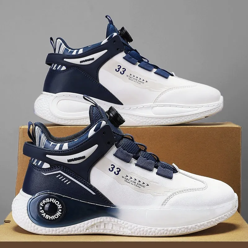 Men's mid-top casual sports running shoes with rotating button lacing, PU mesh upper, rubber sole, available in multiple colours