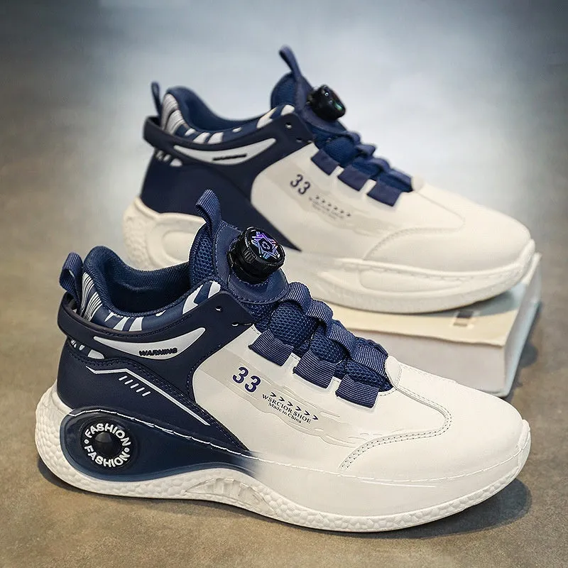 Men's mid-top casual sports running shoes with rotating button lacing, PU mesh upper, rubber sole, available in multiple colours