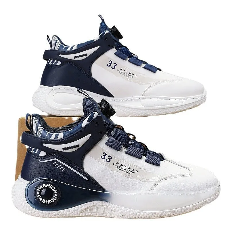 Men's mid-top casual sports running shoes with rotating button lacing, PU mesh upper, rubber sole, available in multiple colours