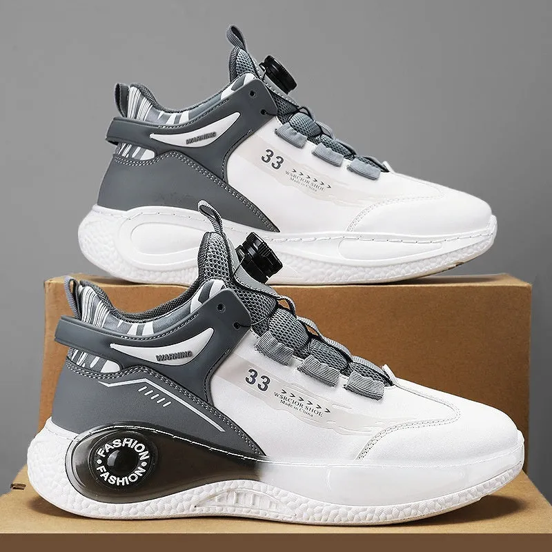 Men's mid-top casual sports running shoes with rotating button lacing, PU mesh upper, rubber sole, available in multiple colours