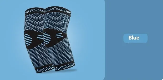 Knitted nylon elbow guard in black and blue colour, breathable sports compression support for basketball