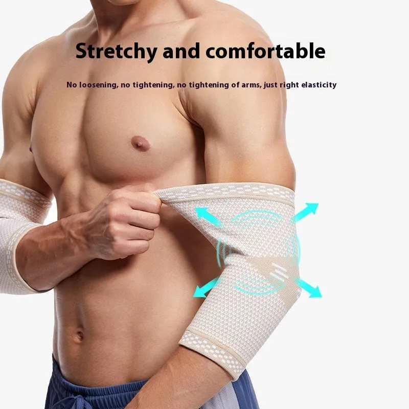 Knitted nylon elbow guard in black and blue colour, breathable sports compression support for basketball