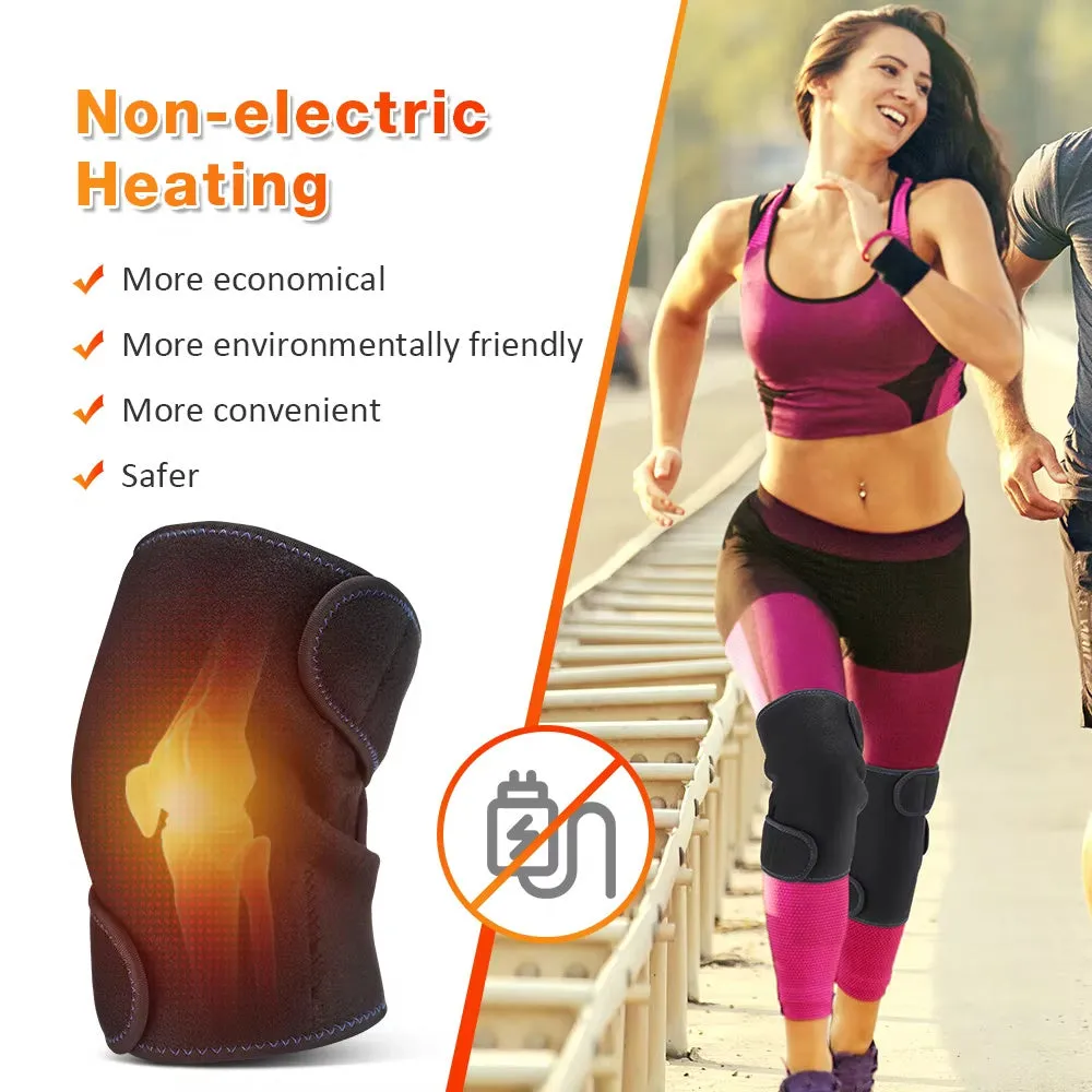 Black self-heating knee pad with magnet therapy and adjustable straps on a neutral background