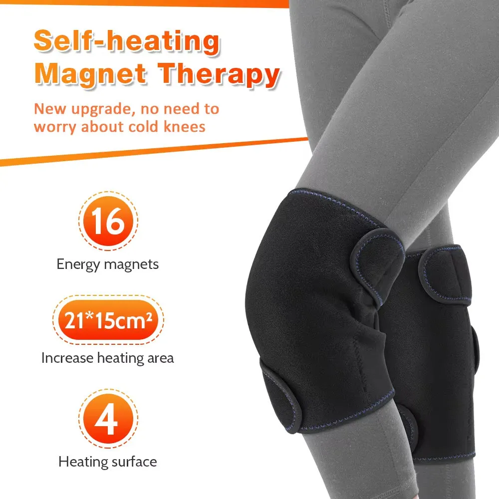 Black self-heating knee pad with magnet therapy and adjustable straps on a neutral background