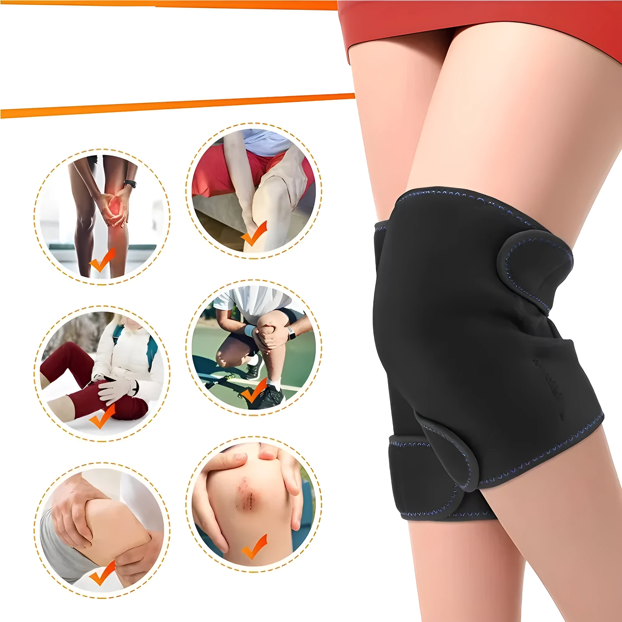 Black self-heating knee pad with magnet therapy and adjustable straps on a neutral background
