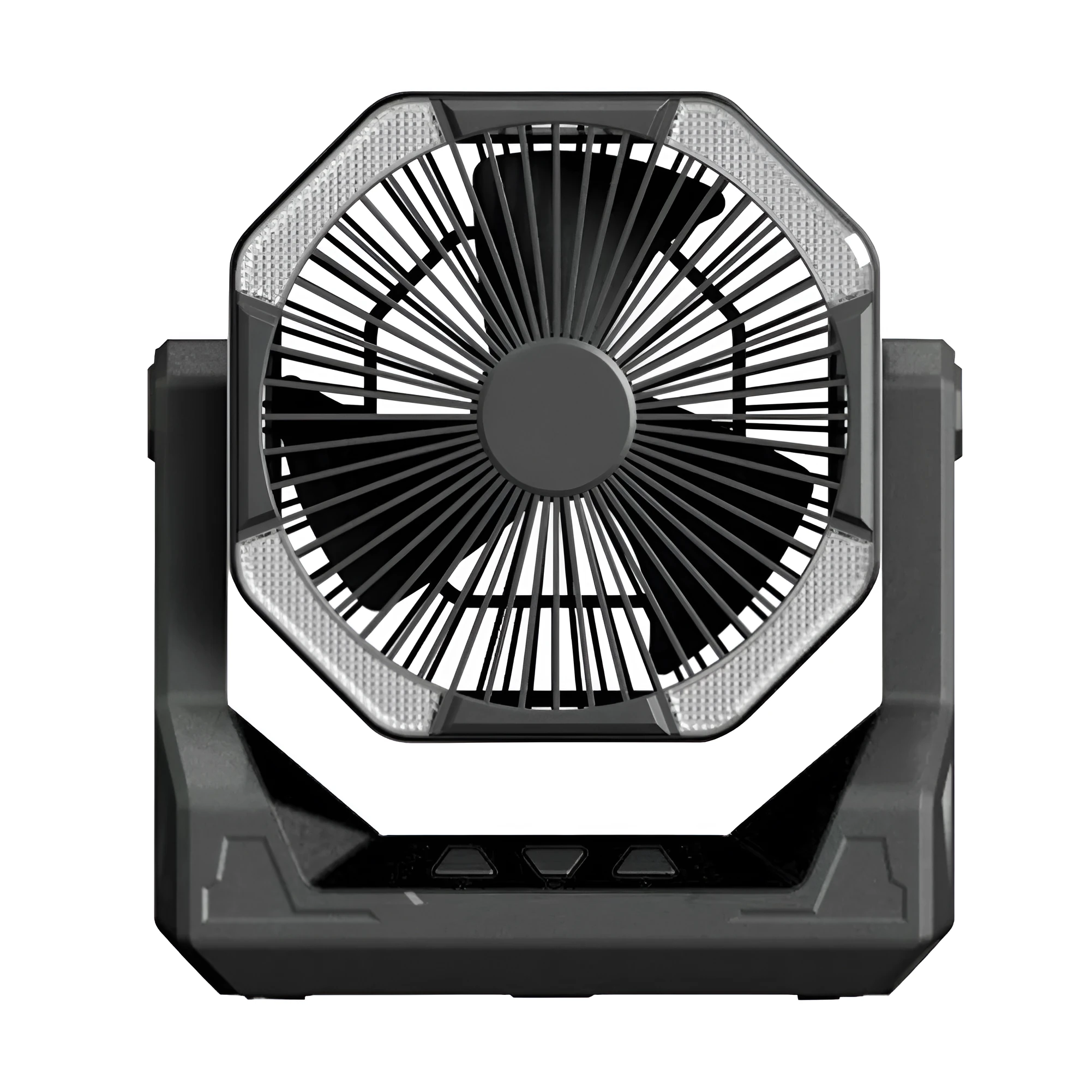 8000mAh telescopic wireless camping fan in orange with aluminium tube, four speeds, and night light on a picnic table