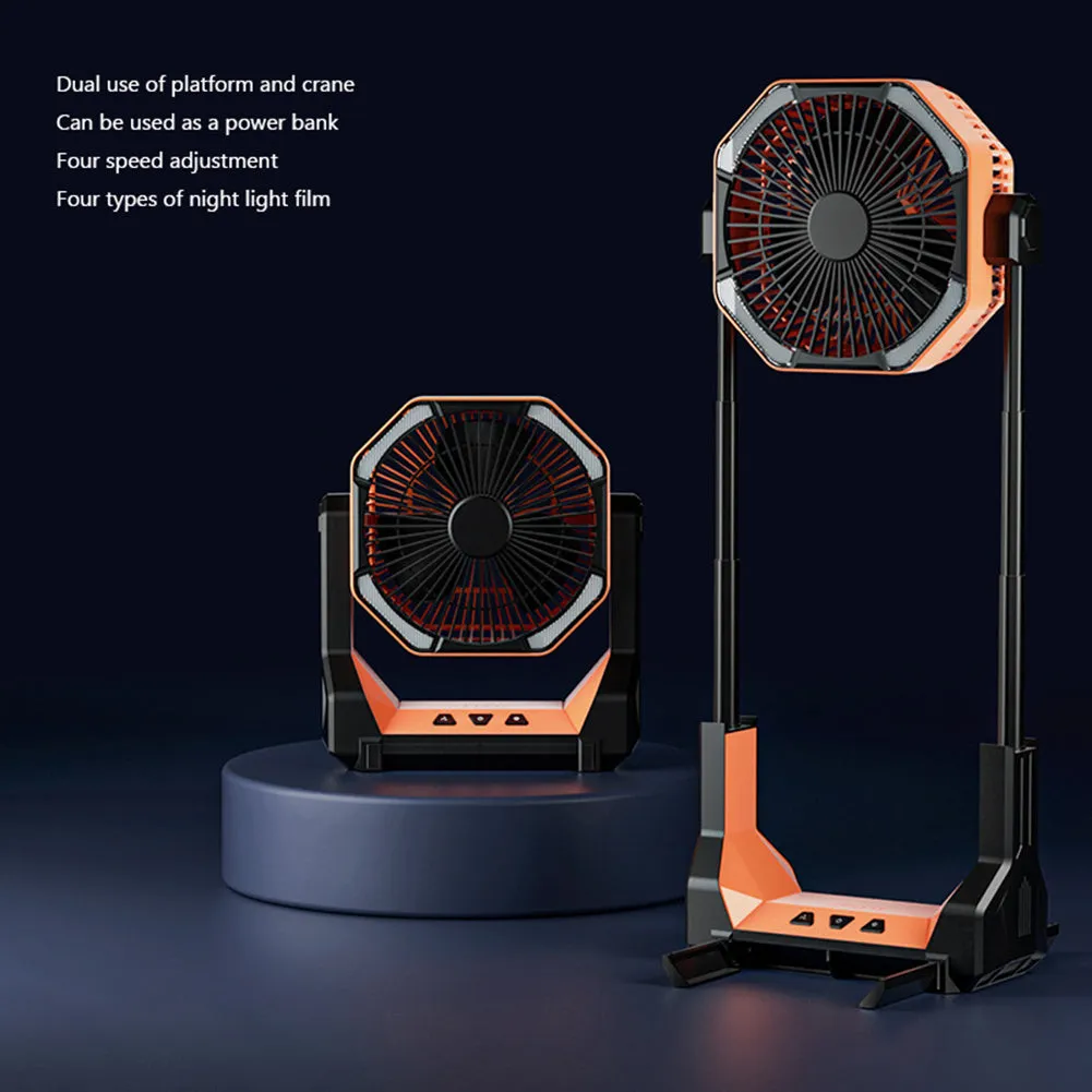 8000mAh telescopic wireless camping fan in orange with aluminium tube, four speeds, and night light on a picnic table