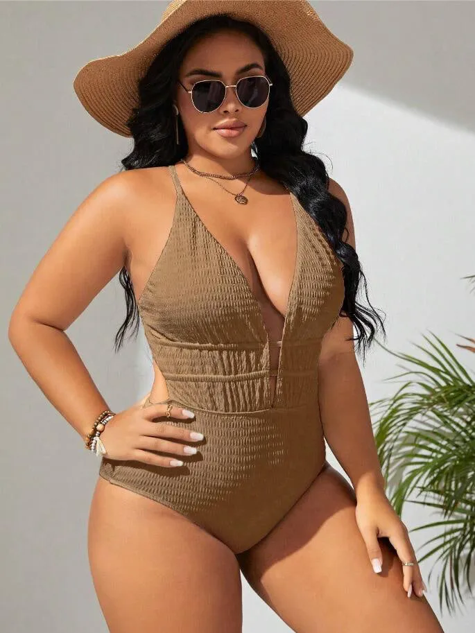 Women's solid colour one-piece swimsuit with belly-covering front, sleeveless, polyester fabric, available in multiple colours and sizes 0XL to 4XL