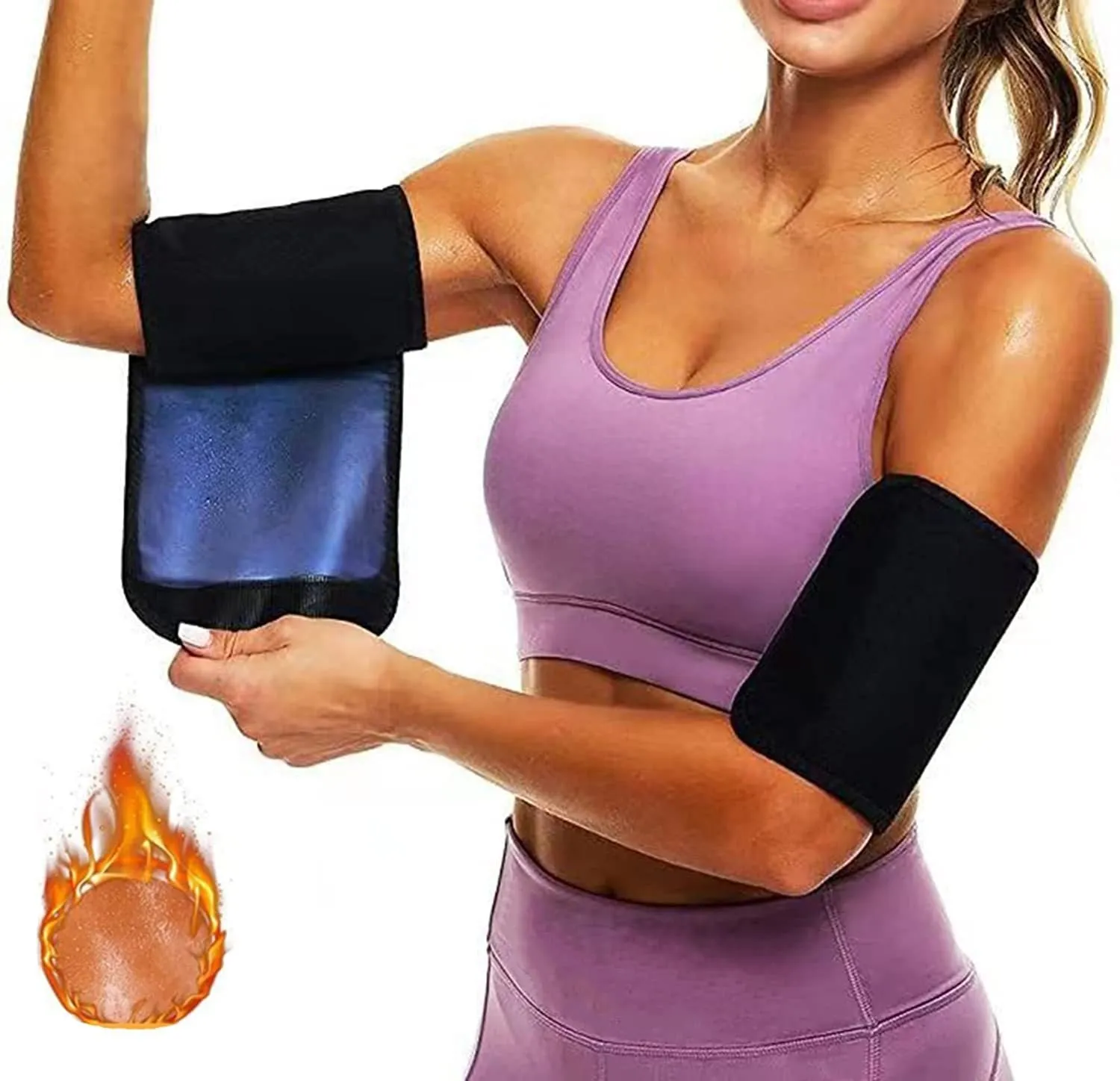 Blue and silver sports arm sweatbands shown in various sizes on an arm.