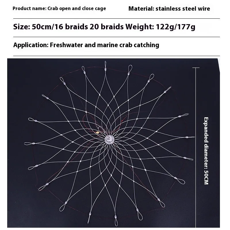 Stainless steel automatic opening and closing crab net with 20 steel wires, 52cm diameter, for blue crab fishing