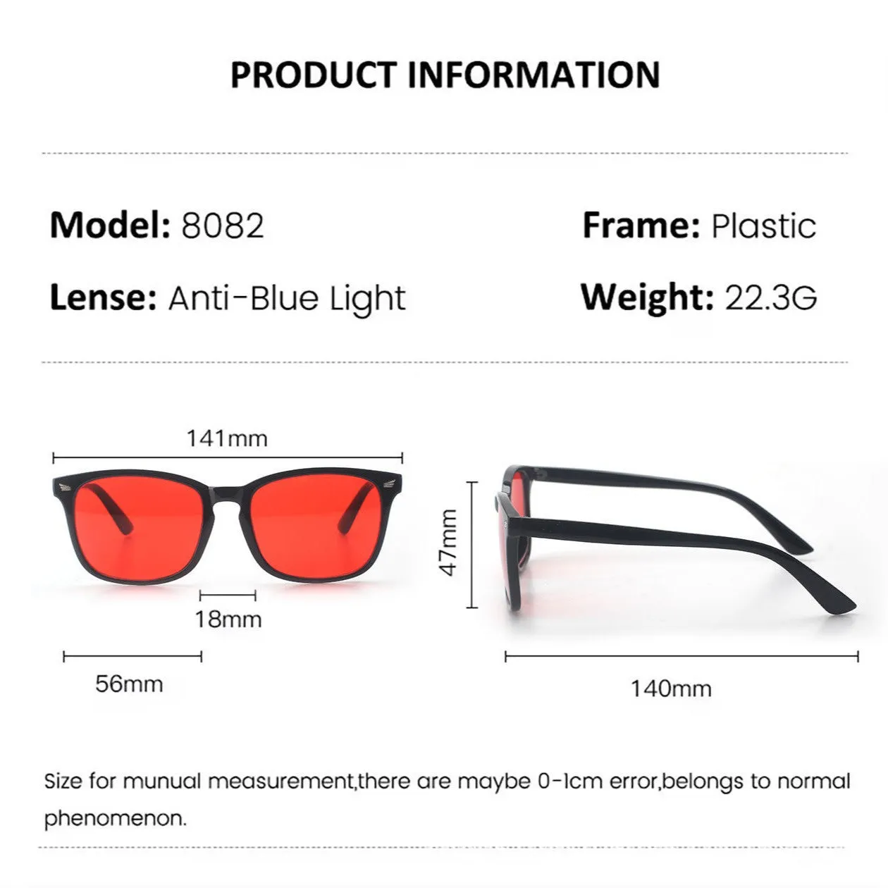 Orange red anti blue light UV glasses with black PC frame on a colour box