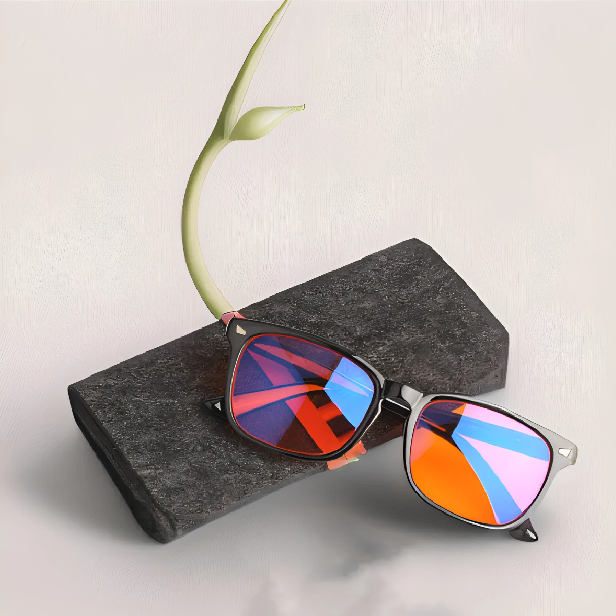 Orange red anti blue light UV glasses with black PC frame on a colour box