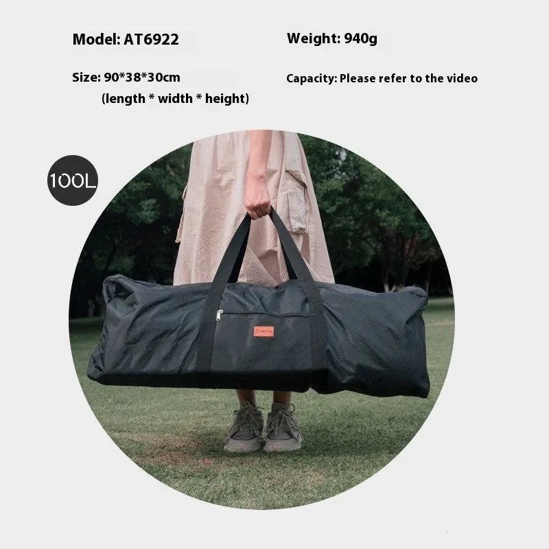 Green and grey waterproof storage bag for camping tents and folding chairs, shown with gear inside and folded compactly.