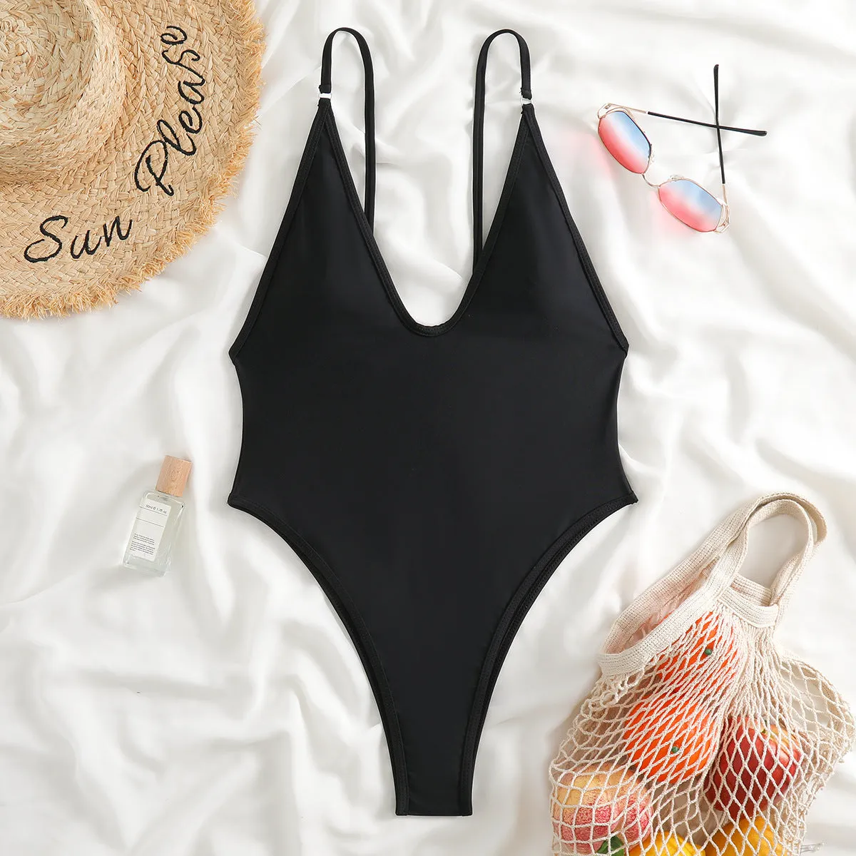 Women's fashion suspenders one-piece swimsuit in solid colour polyester, black, brown or light blue