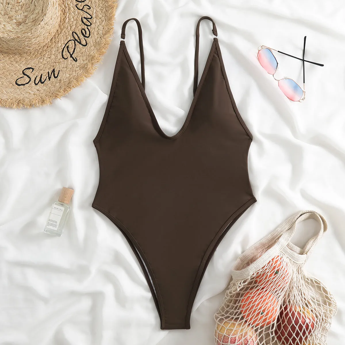 Women's fashion suspenders one-piece swimsuit in solid colour polyester, black, brown or light blue