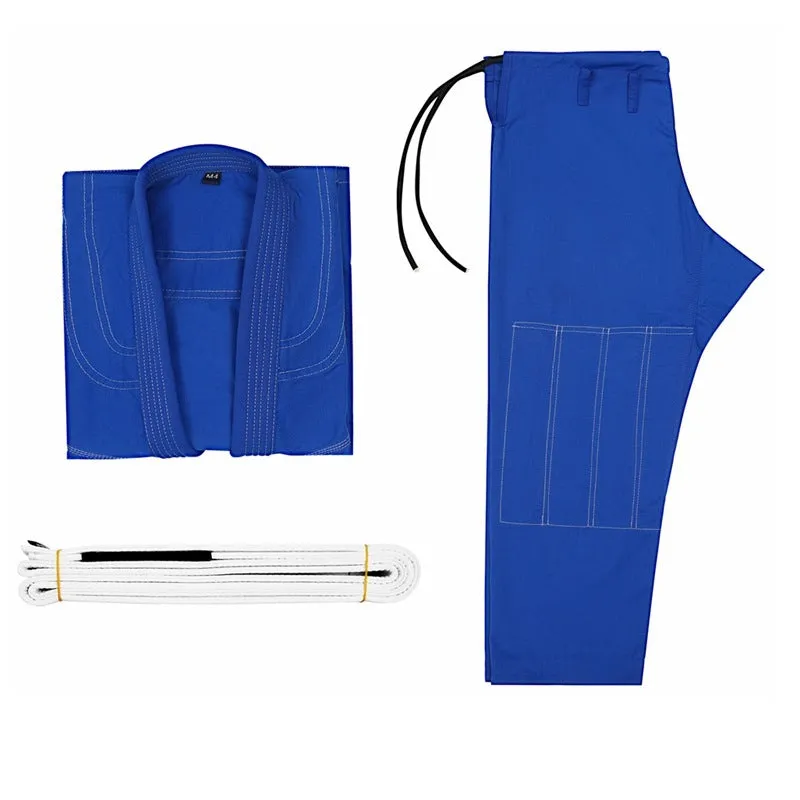Cotton blend Brazilian jiu-jitsu gi uniform on a hanger, available in black, blue, gray, rose red, and white.