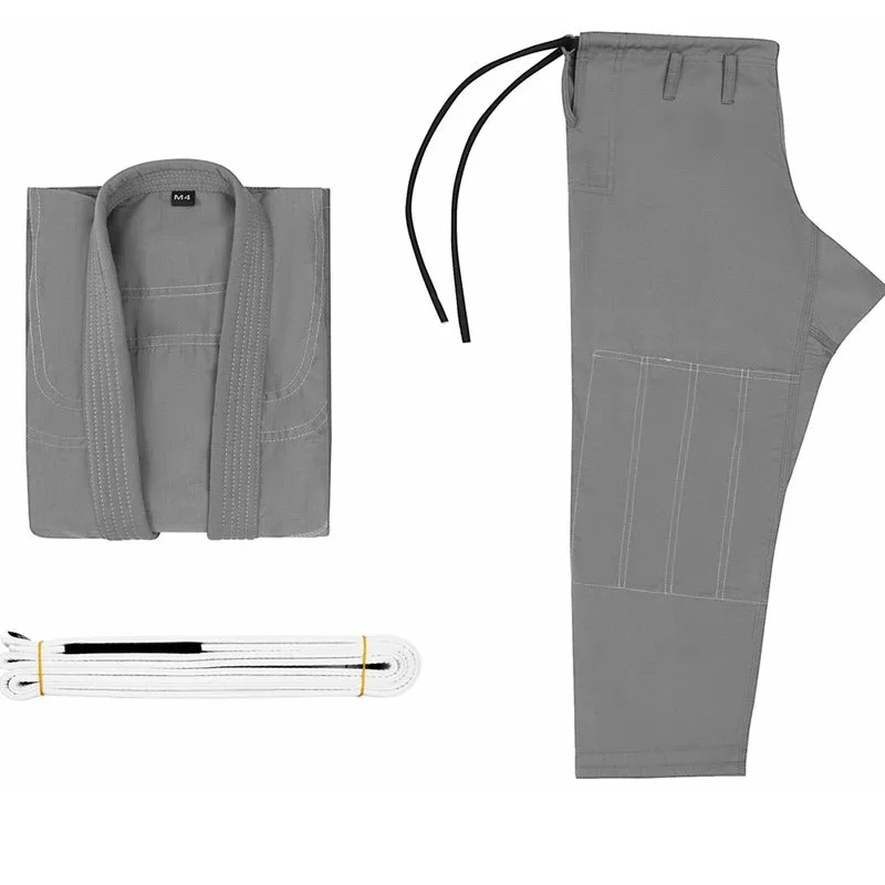 Cotton blend Brazilian jiu-jitsu gi uniform on a hanger, available in black, blue, gray, rose red, and white.
