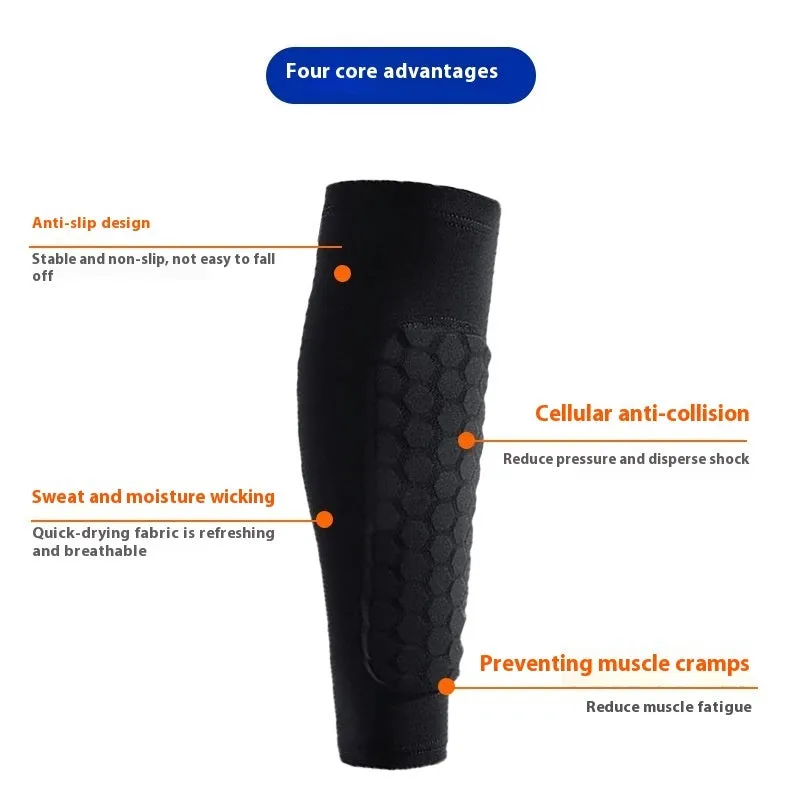 Men's honeycomb shank protection foot sock in black with anti-collision non-slip calf support