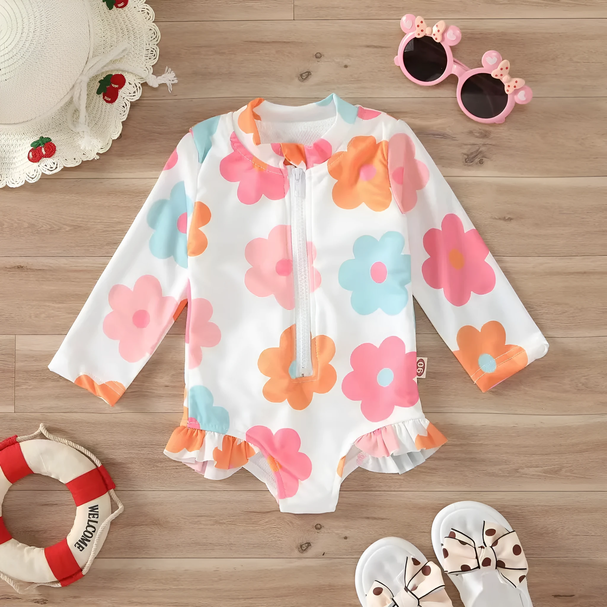 Girls' floral pattern zipper romper swimsuit in pink, polyester and spandex, side view