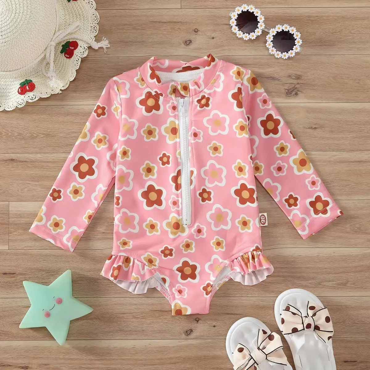 Girls' floral pattern zipper romper swimsuit in pink, polyester and spandex, side view