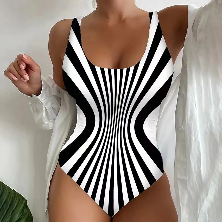 Striped sling one-piece swimsuit for women in fluorescent green, polyester fabric, sizes S to 5XL