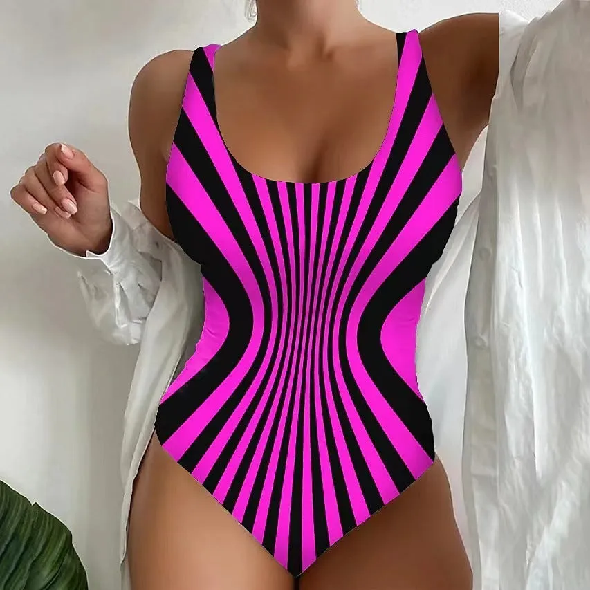 Striped sling one-piece swimsuit for women in fluorescent green, polyester fabric, sizes S to 5XL