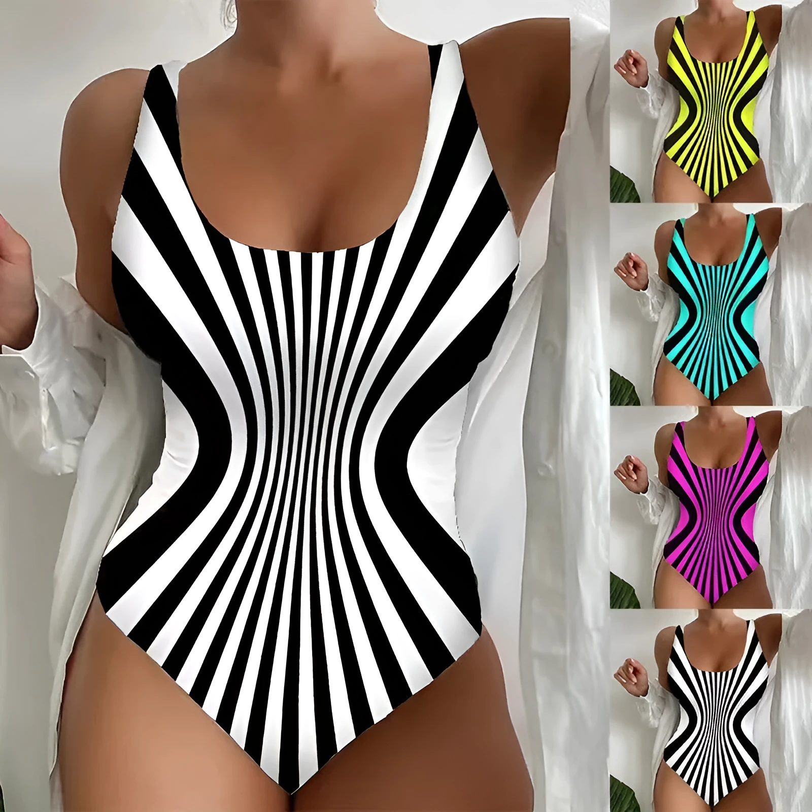 Striped sling one-piece swimsuit for women in fluorescent green, polyester fabric, sizes S to 5XL