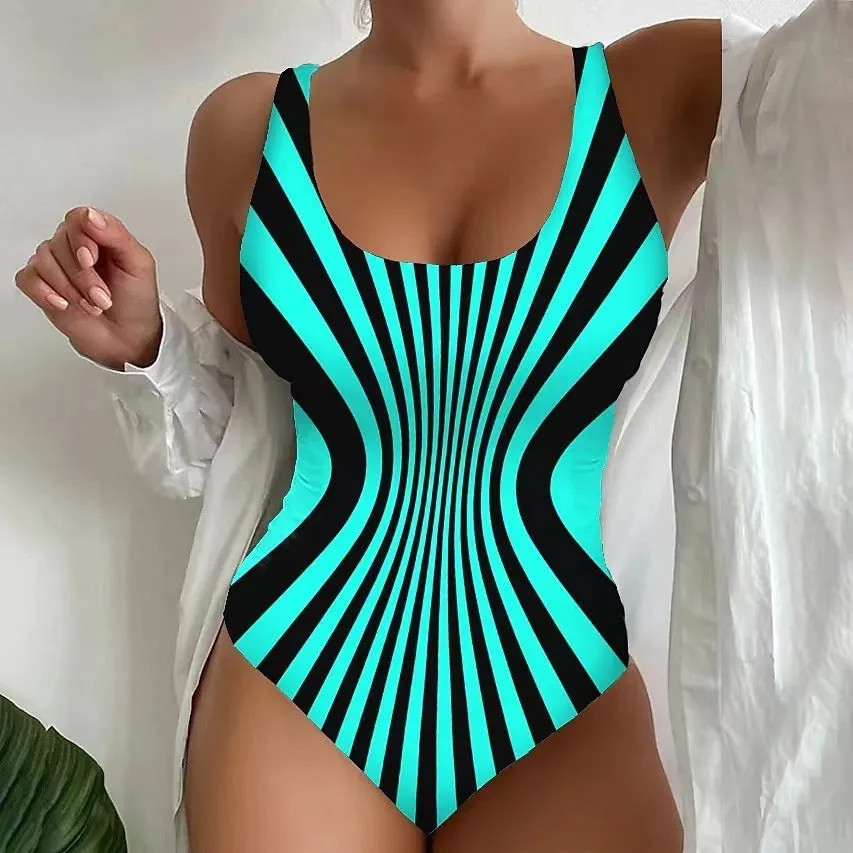 Striped sling one-piece swimsuit for women in fluorescent green, polyester fabric, sizes S to 5XL