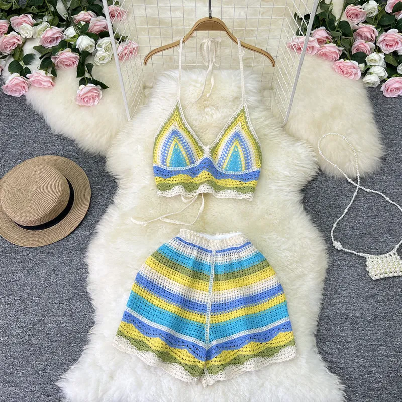 Women's Striped Halter Camisole and Shorts Set Summer Sleeveless Contrast Colour V-Neck Vacation Two-Piece in Blue Purple Yellow Polyester Free Size Casual Beachwear