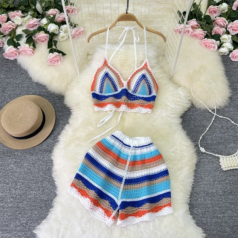 Women's Striped Halter Camisole and Shorts Set Summer Sleeveless Contrast Colour V-Neck Vacation Two-Piece in Blue Purple Yellow Polyester Free Size Casual Beachwear