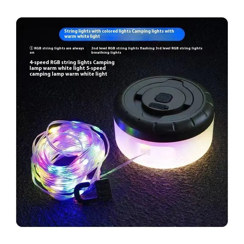 Charging multifunctional camping lantern with warm and colourful light modes on a campsite table