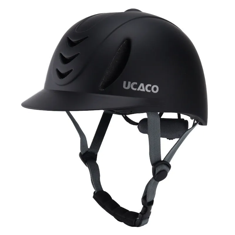 Riding helmet in carbon flower black with PC moulded shell on white background